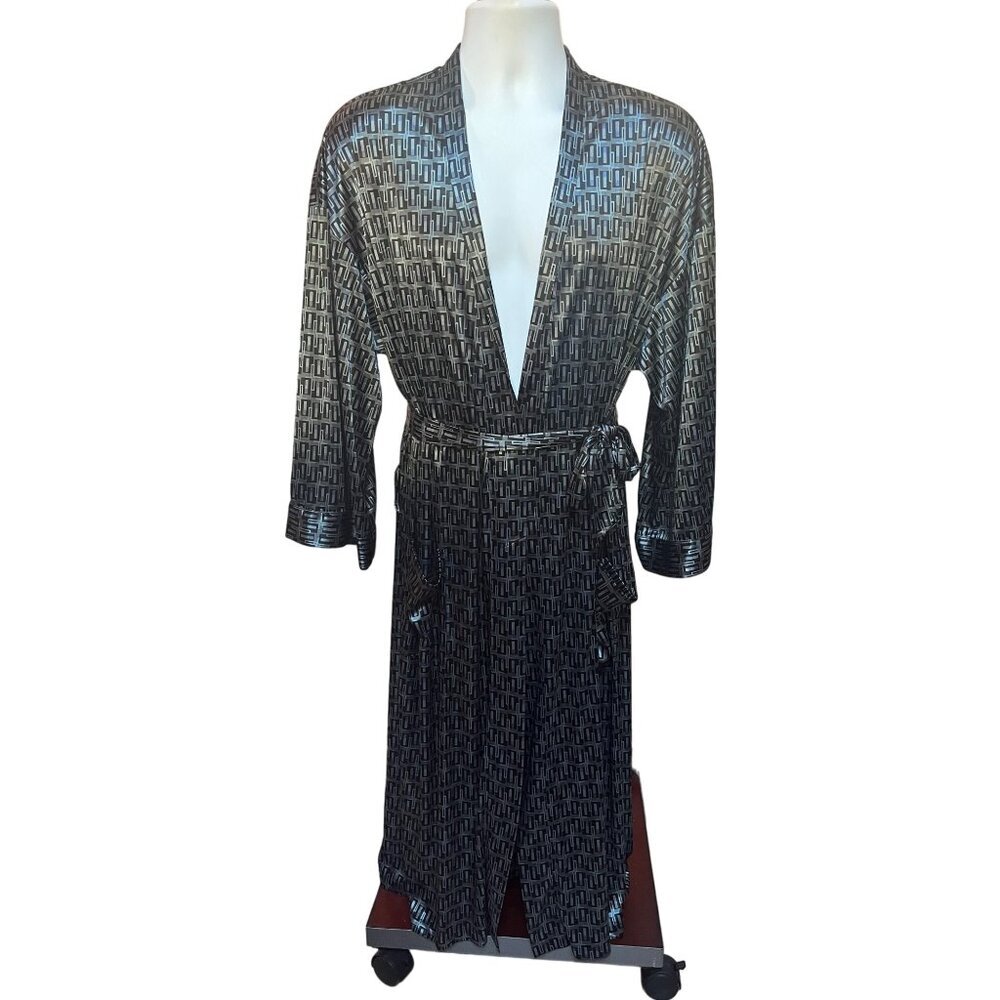 Men's Intimo Retro 60s Style Mod Print Long Robe Smoking Jacket Stretch Satin